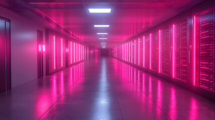 A futuristic server room bathed in vibrant pink neon light. Ideal for technology, cybersecurity, and data center visuals. Perfect for website banners, presentations, and digital art.