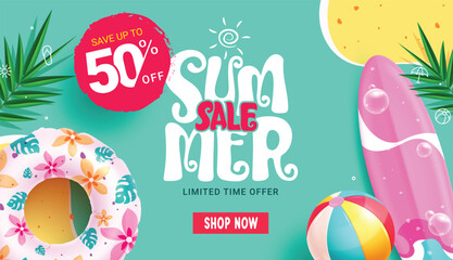 Summer sale banner clipart background design. Summer sale text clip art in blue abstract background for holiday season 50% off limited discount with inflatable floaters