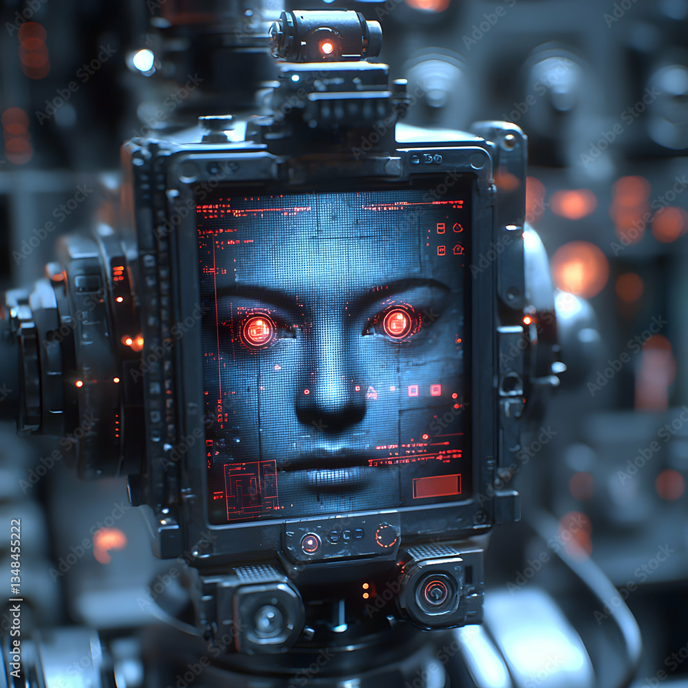 Poster a futuristic robot head with a digital face display and glowing red eyes. ideal for sci-fi films, ga