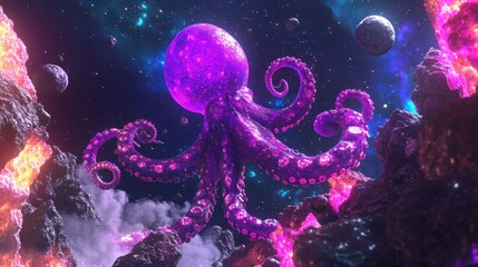 Cosmic octopus amidst nebula and asteroids