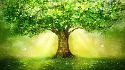 Enchanting, mystical tree in lush, vibrant green forest setting.  A portal or secret hidden within