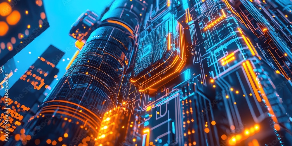 Poster a cutting-edge building design in a futuristic city, with robotic elements, advanced AI systems, and sleek architectural aesthetics.