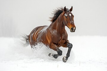 Obraz premium A majestic bay horse gallops through a snowy landscape, its coat dusted with snowflakes. The powerful creature cuts through the white expanse with grace and energy.