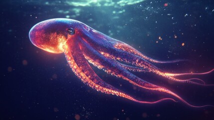Glowing octopus in deep sea