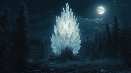 Illuminated crystalline tree in a mystical forest at night