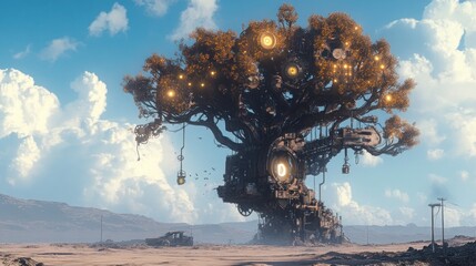 Futuristic tree in a desolate landscape