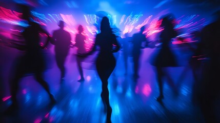 People Dancing in Nightclub with Motion Blur and Bright Neon Lights