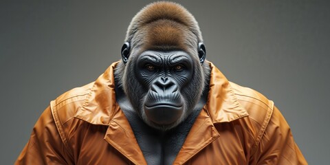 Powerful Gorilla Wearing Orange Jumpsuit Giving Intense Stare.