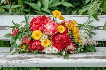 Obraz premium Vibrant red, yellow, and white flower bouquet on a weathered white bench outdoors.