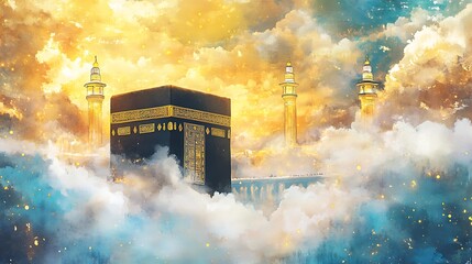 Watercolor painting of the Kaaba surrounded by clouds and illuminated minarets