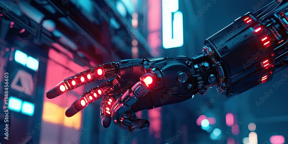 Poster a cyberpunk robotic arm performing a task, with glowing neon circuits, advanced mechanics, and a hig