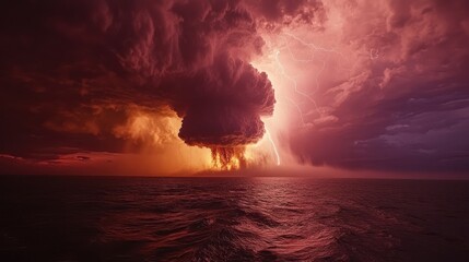 Dramatic lightning storm over open ocean at sunset