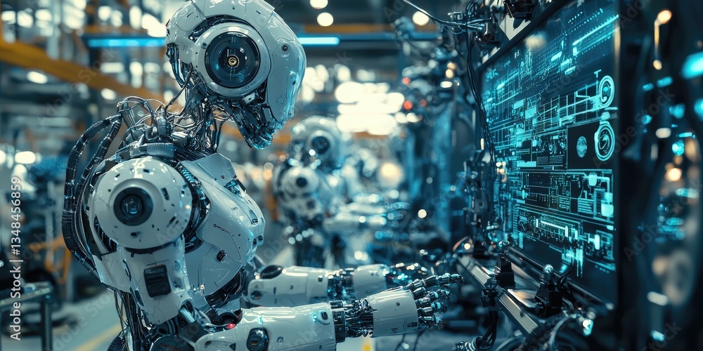 Fototapete A detailed view of robotic automation in a cyberpunk factory, featuring sleek metallic limbs, neon-lit interfaces, and advanced technological systems.