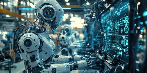 Fototapeta premium A detailed view of robotic automation in a cyberpunk factory, featuring sleek metallic limbs, neon-lit interfaces, and advanced technological systems.