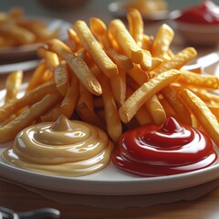 A plate of French fries with ketchup and sauce served as a tasty snack or meal
