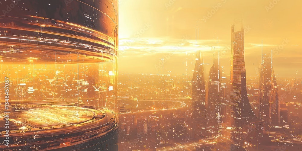 Aufkleber a cityscape with a glowing horizon, featuring futuristic architecture, advanced energy systems, and 