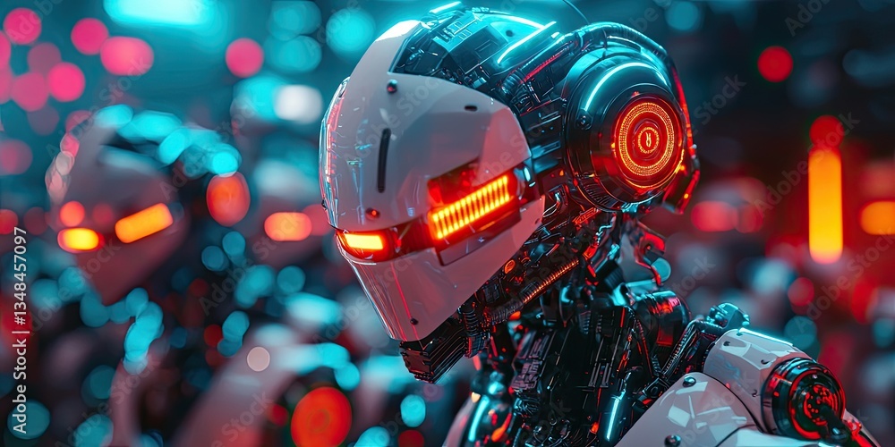 Fototapete automated robots in action, with neon-lit joints, advanced circuits, and a high-tech, cyberpunk factory setting.