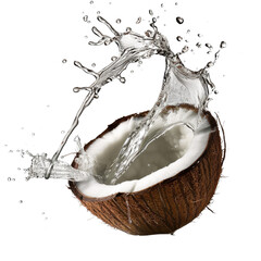 Fresh Coconut Half With Splashing Water Isolated on Transparent Background for Tropical or Exotic Food Concepts in Culinary Art
