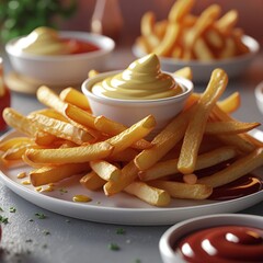 French fries with ketchup and fish and chips on a plate