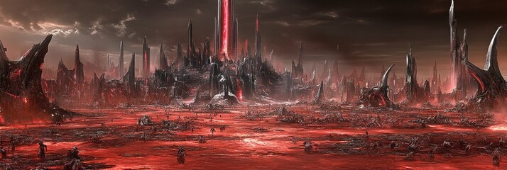 Desolate, crimson alien landscape with jagged structures