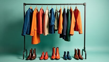 Colorful display of jackets and boots in a stylish retail setting