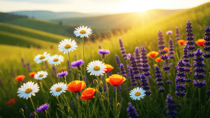 Obraz premium Vibrant wildflowers in a sun-drenched meadow