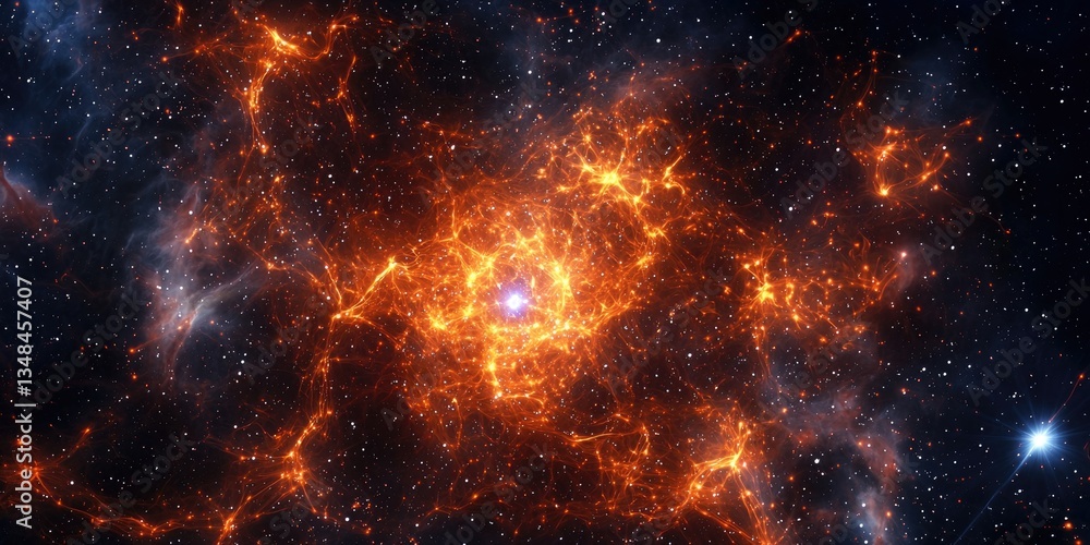 Poster A high-tech visualization of a star cluster, where radiant stars emit digital signals, and neon lines connect them in intricate patterns.
