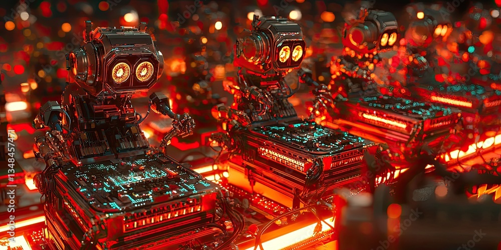 Poster automated robots in action, with neon-lit joints, advanced circuits, and a high-tech, cyberpunk factory setting.
