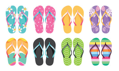 Flipflop colorful pattern clipart set. Multicolored slipper elements clip art for swimming summer beach vacation holiday pair of sandals collection