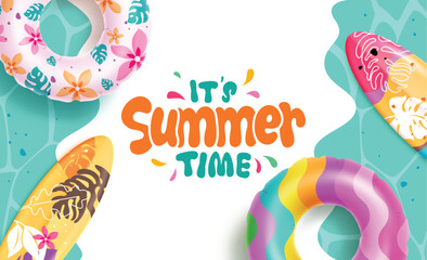 Summer time border clipart background design. Summertime text in green tropical abstract background clip art with colorful inflatable floaters 