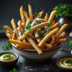 French fries with ketchup and mustard on a plate