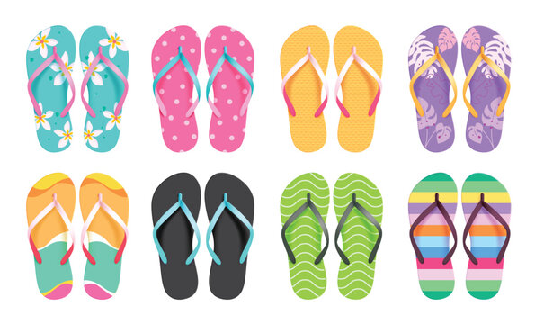 Flipflop colorful pattern clipart set. Multicolored slipper elements clip art for swimming summer beach vacation holiday pair of sandals collection