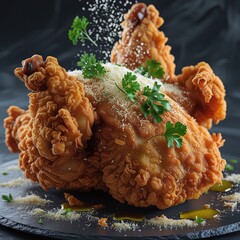 Fried chicken wings with rice and salad on a plate with walnut, spicy sauce, and fresh ingredients