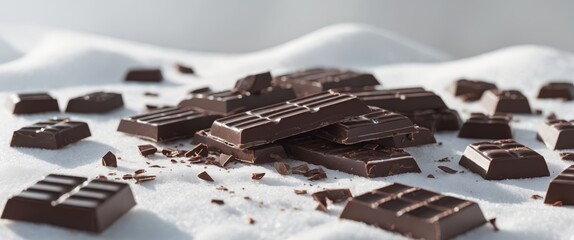 Delicious dark chocolate pieces scattered on a clean white surface creating an inviting mood and a sweet temptation for a delightful indulgence.