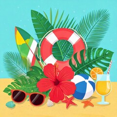Naklejka premium Letnia, wakacyjna ilustracja grafika. Koło ratunkowe, gałązki palmy, piłka plażowa drink, kwiat tropikalny deska surfingowa i okulary przeciwsłoneczne leżące na plaży