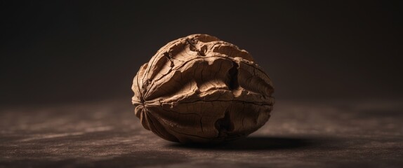 Macro Shot of Cracked Walnut Shell on Dark Background.