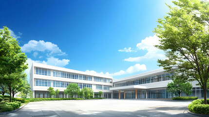 Bright Sunny Day Exterior View Of A Modern Two Story School Building With Blue Sky And Lush Green Trees