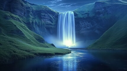 Majestic waterfall cascading down dramatic cliffs under a tranquil moonlit sky. Lush greenery surrounds the serene scene