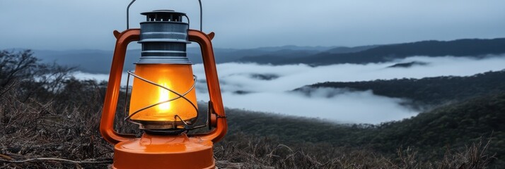 A vintage kerosene lantern illuminates a misty mountain vista
