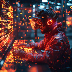A person wearing a VR headset interacts with a futuristic computer interface displaying glowing code in a dark tech environment. Ideal for cyberpunk or metaverse projects.