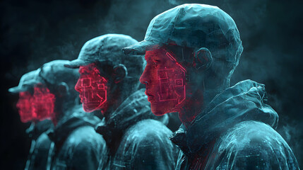 Digital soldiers with glowing face scans in a smoky atmosphere. Ideal for projects involving surveillance, cybersecurity, futuristic warfare, or dystopian themes.