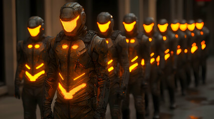 Futuristic soldiers in dark armor with glowing orange visors and details march in formation. Ideal for sci-fi film or game character design.
