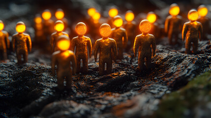 Golden glowing head figures stand on dark uneven terrain. Mysterious futuristic sci-fi scene ideal for game design or book cover.