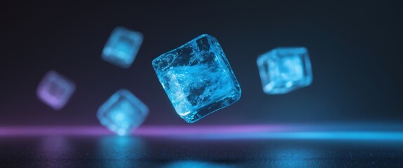 Glowing Ice Cubes on Dark Background with Blue Neon Light Effects