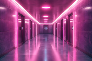 A futuristic hallway bathed in vibrant pink neon light. The sleek marble walls and polished floor reflect the glow creating a mesmerizing atmosphere. Ideal for music videos or game backgrounds.