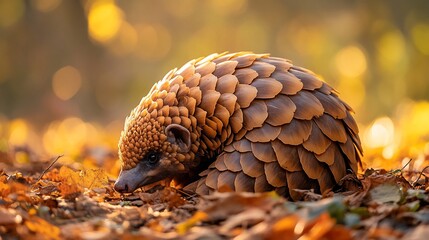 Fototapeta premium Pangolin curled on autumn leaves, backlit by golden sunlight