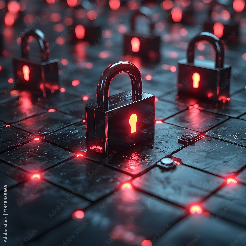 Aufkleber dark metallic padlocks with glowing keyholes on a grid with red lights. ideal for cybersecurity, dat