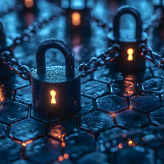 Dark and atmospheric image of glowing padlocks and chains on a hexagonal surface. Ideal for cybersecurity or data protection themes.