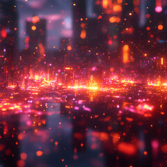 A futuristic cityscape glows with vibrant neon lights and shimmering particles. Ideal for digital art, wallpapers, and abstract backgrounds.