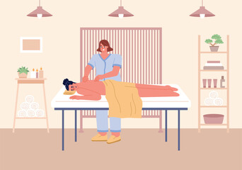 Woman in spa center. Massage therapist at work, beauty salon procedures, happy girl on massage table, body care process, vector illustration